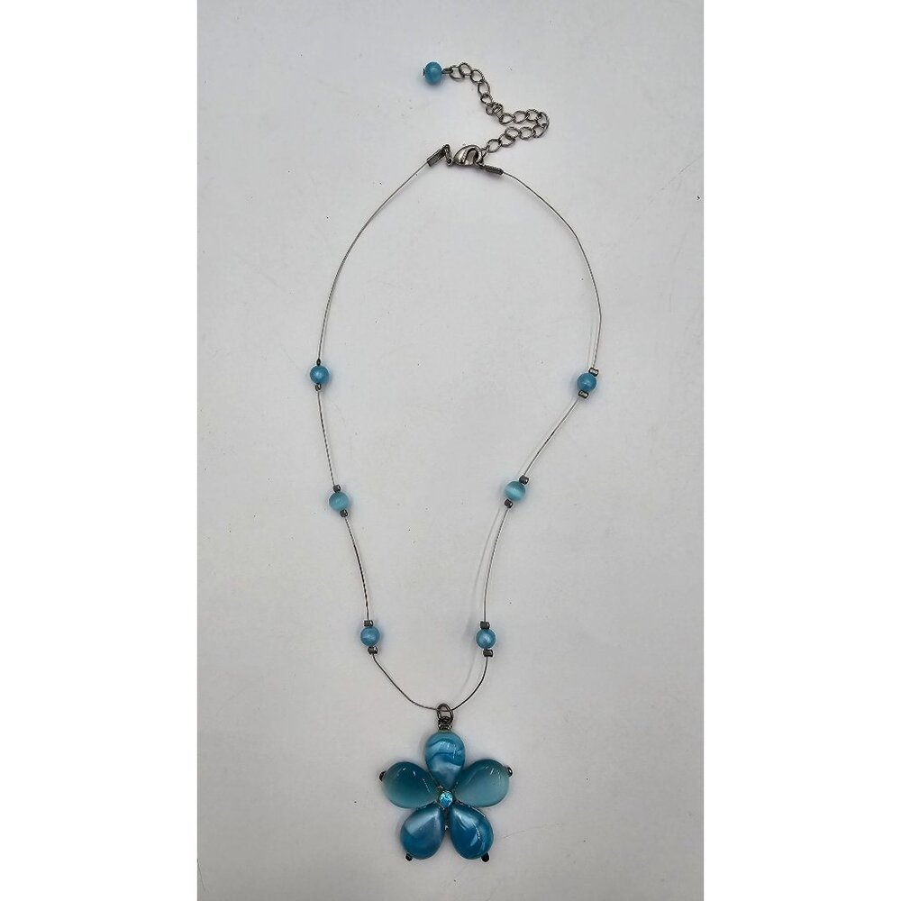 Silvertone Wire Necklace Blue Cats Eye Glass Resin Flower Pendant Jewelry - Picture 6 of 6